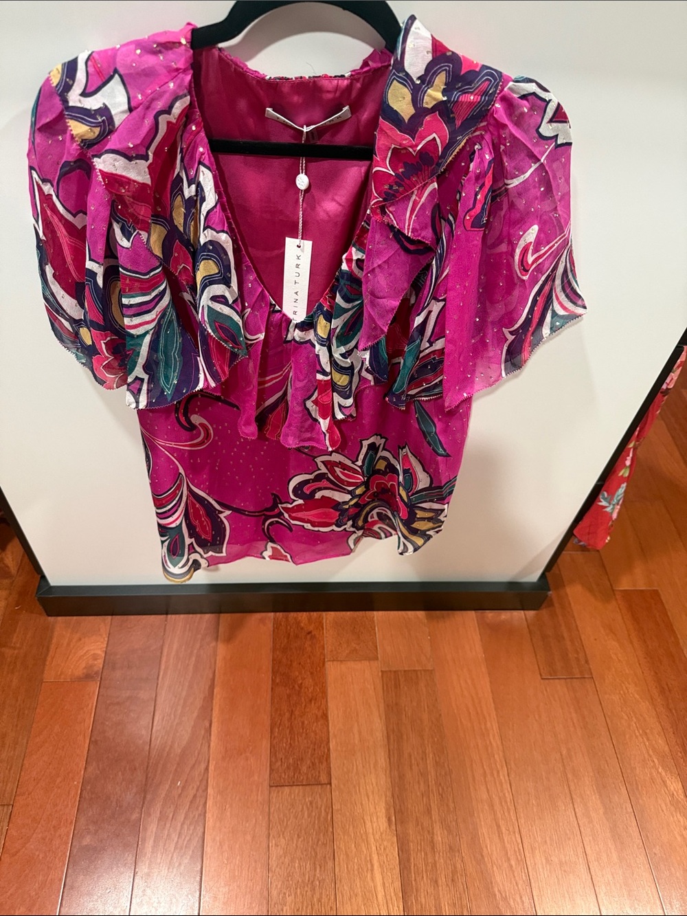 Trina Turk Magenta Floral Ruffled V-Neck Blouse
